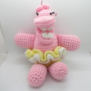 Handmade Crochet Pink Ballerina Hippo Yellow TuTu Ribbon Nursery Baby Dancer 12"